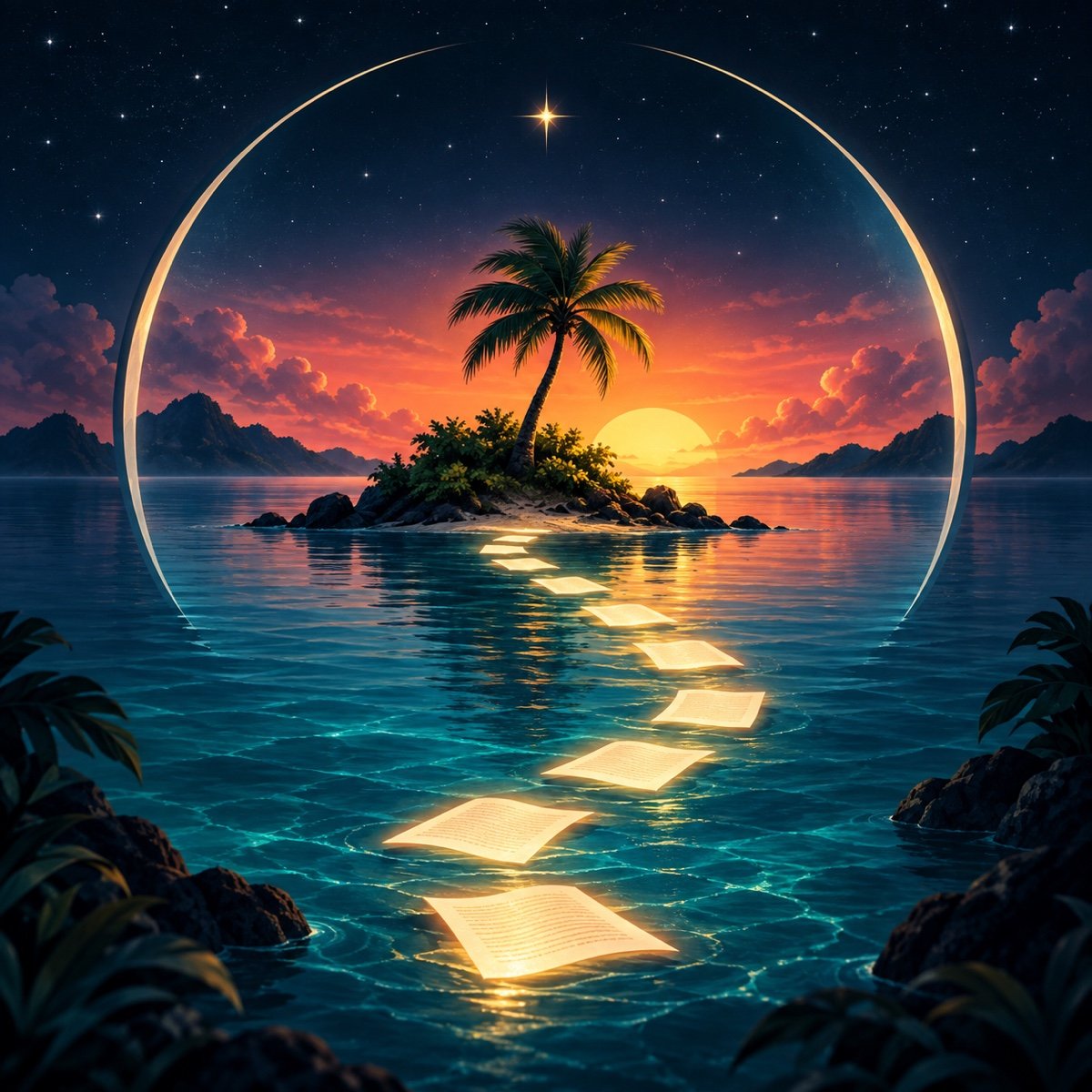 Chapter Cay monthly membership artwork with glowing story pages leading to a tropical island at sunset