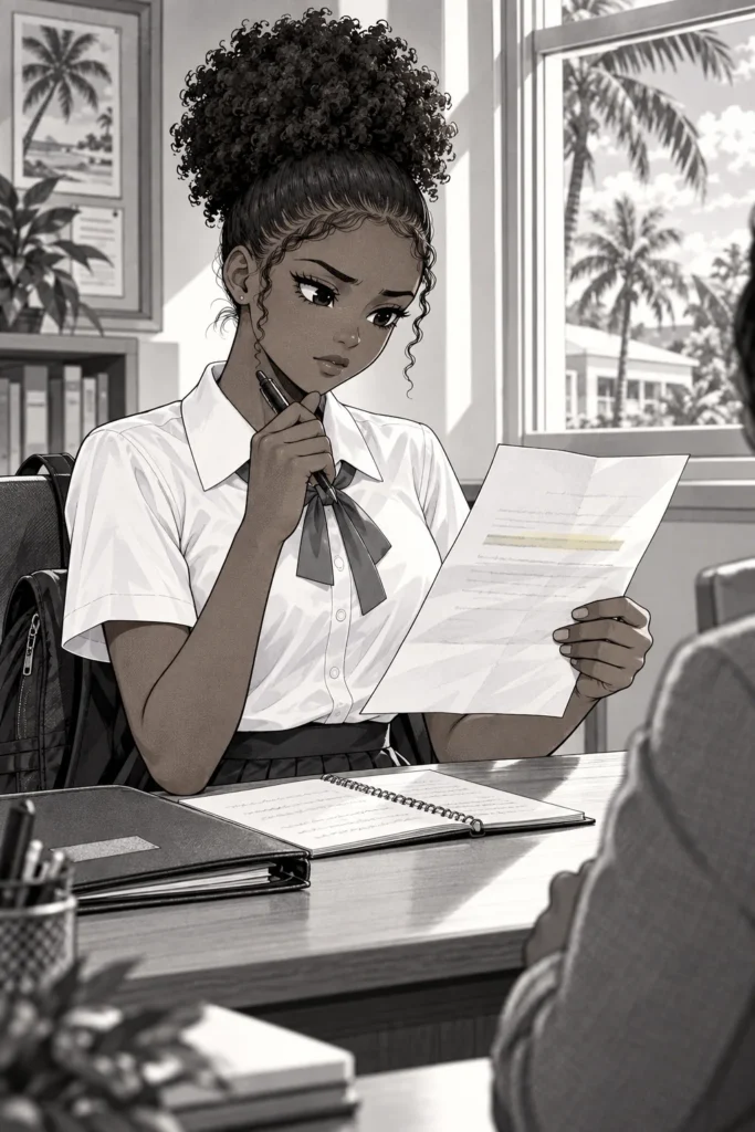 Amara studies a university letter at a classroom desk.