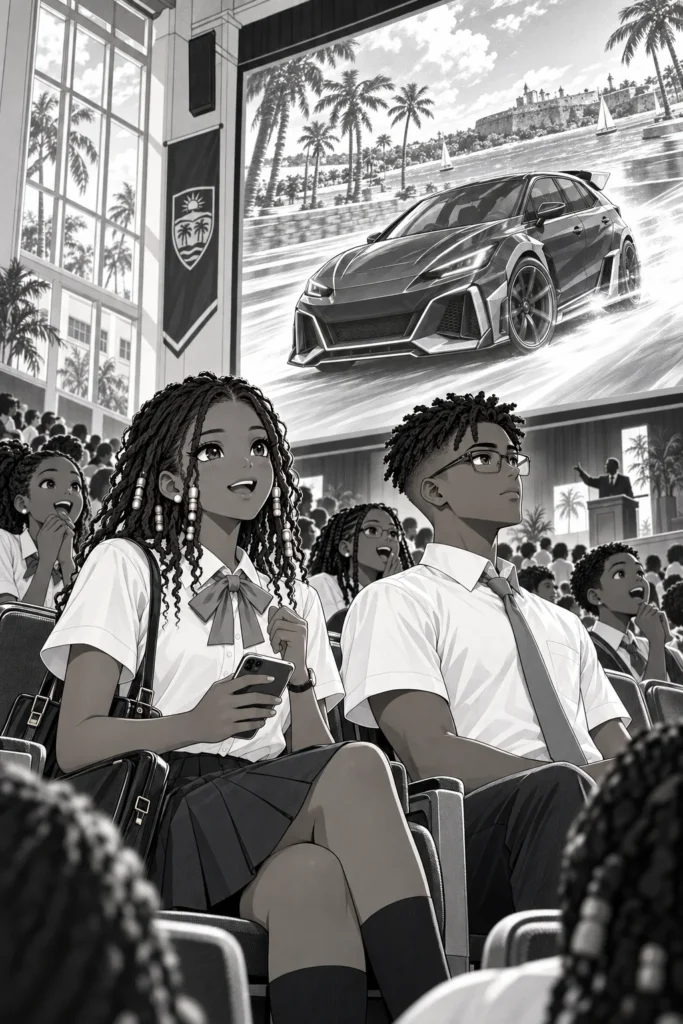 Students watch a Track Stars racing-game reveal on a large school auditorium screen.