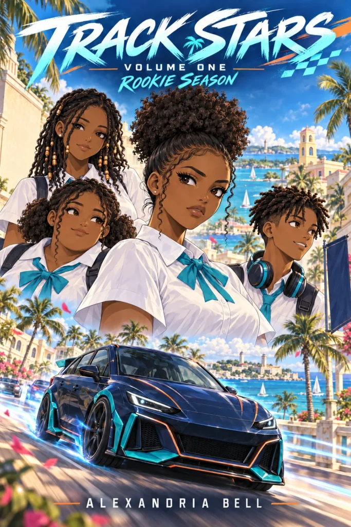Four Caribbean students pose above a customised racing car on the Track Stars Volume One Rookie Season cover.