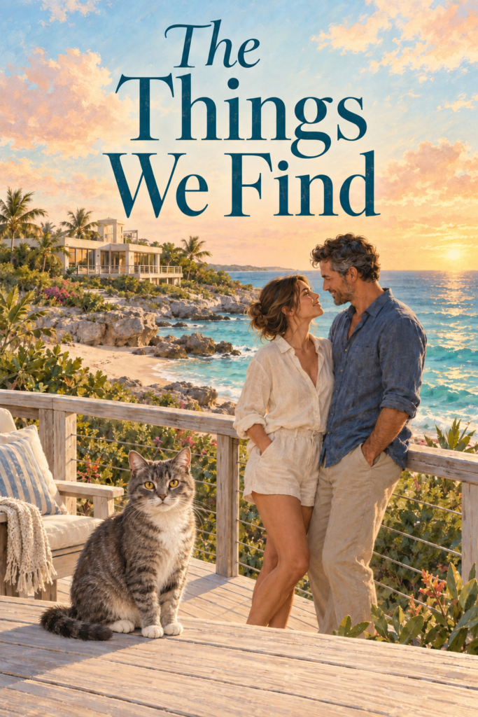 The Things We Find cover: a couple and a cat overlooking a tropical coast at sunset