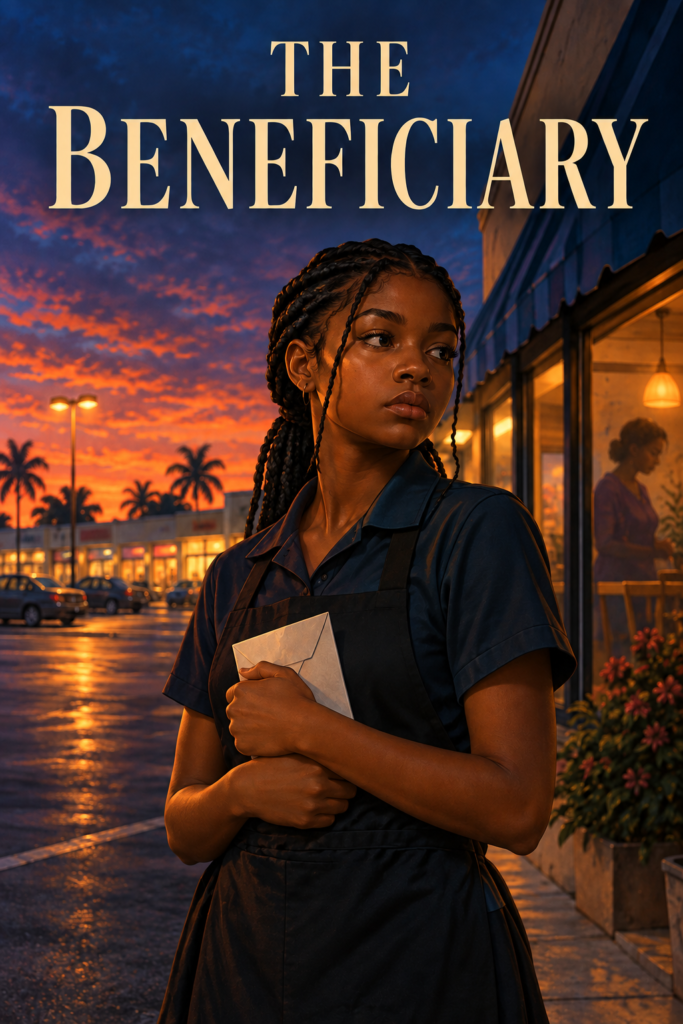 The Beneficiary cover: a young restaurant worker holding an envelope at sunset