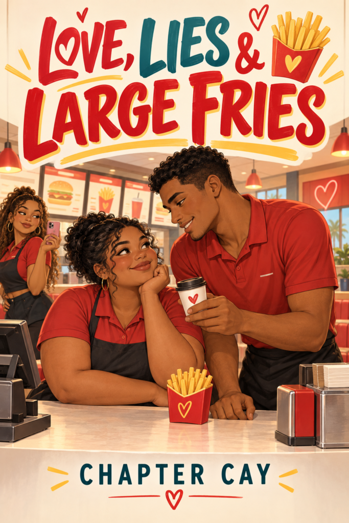 Love, Lies & Large Fries cover: three restaurant coworkers in a bright fast-food restaurant